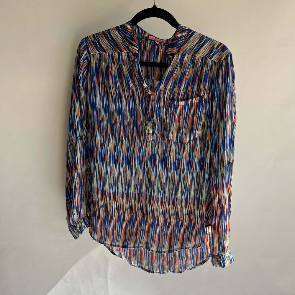 Nikkies Threads Blouse Sz Med Multicolor Long Sleeve Roll Tab Sleeve High Low